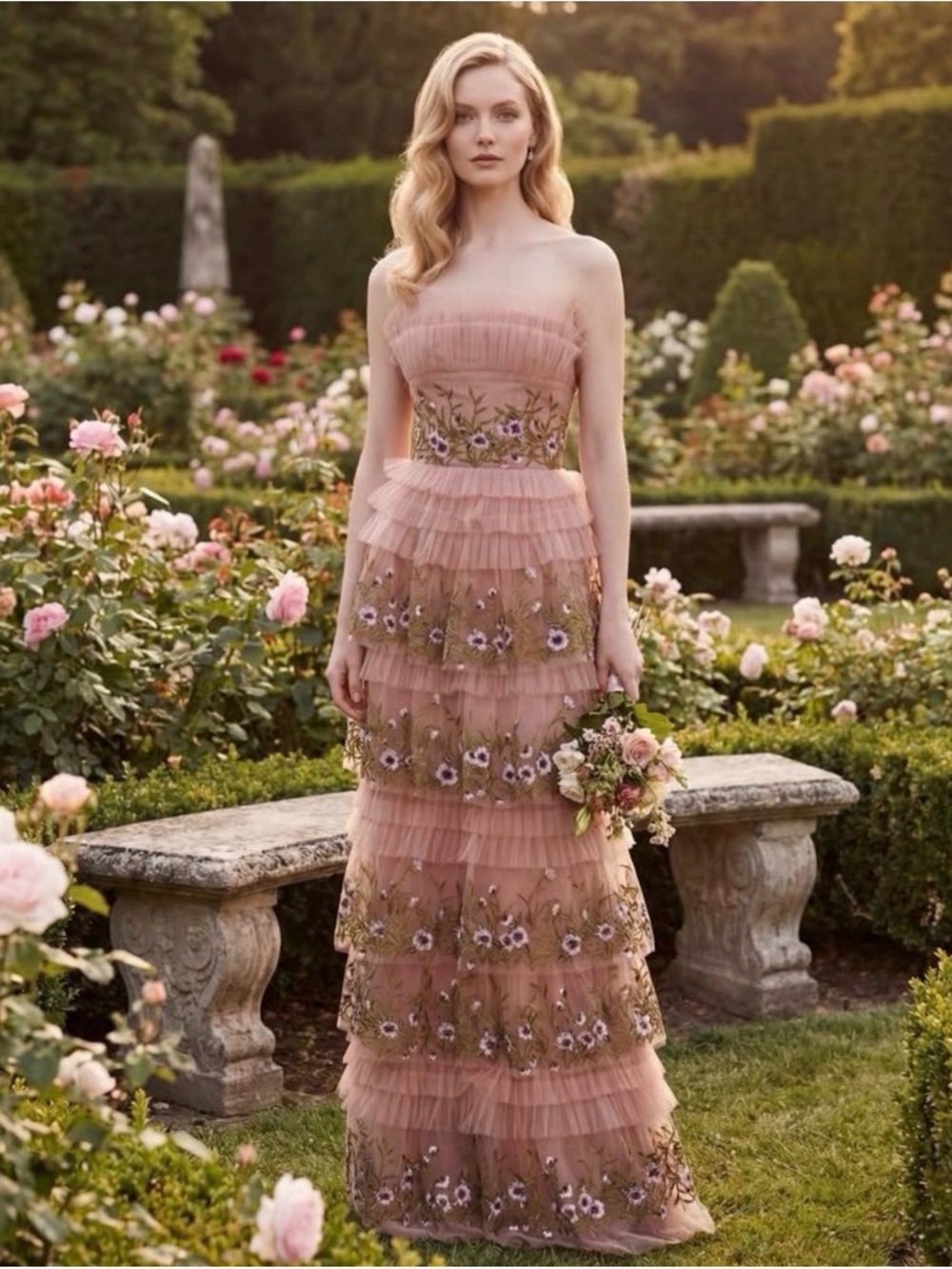 Romantic Strapless Blush Pink Tiered Floral Lace Gown